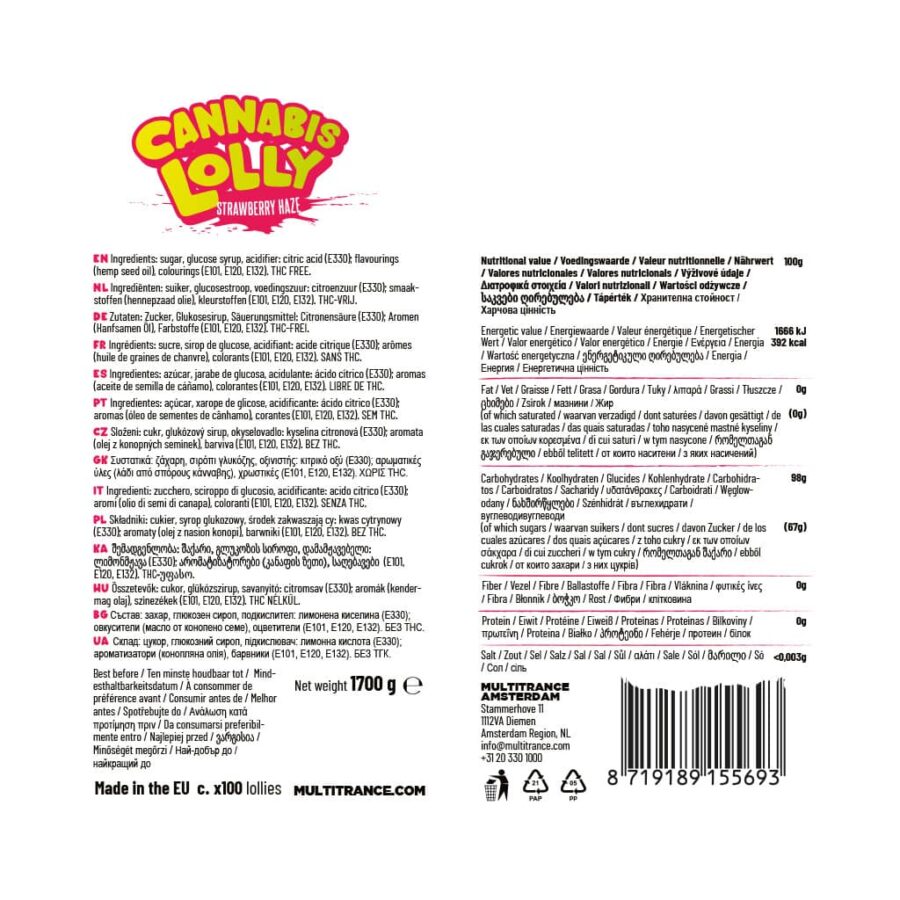 Bulk Cannabis lollipop Strawberry Haze ingredients and nutritional information label, THC-free legal hemp edible for wholesale