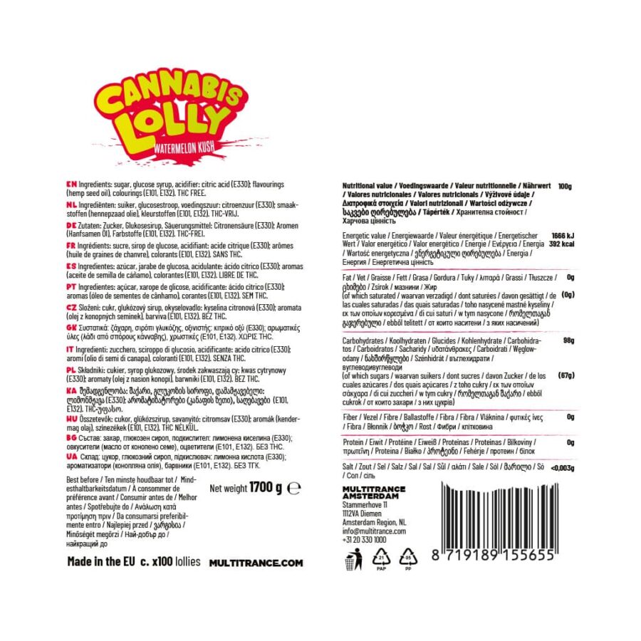 Bulk Cannabis lollipop Watermelon Kush ingredients and nutritional information label, THC-free legal hemp edible for wholesale