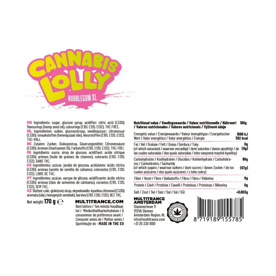 Cannabis lollipop Bubblegum XL flavour ingredients and nutritional information label, THC-free legal hemp edible