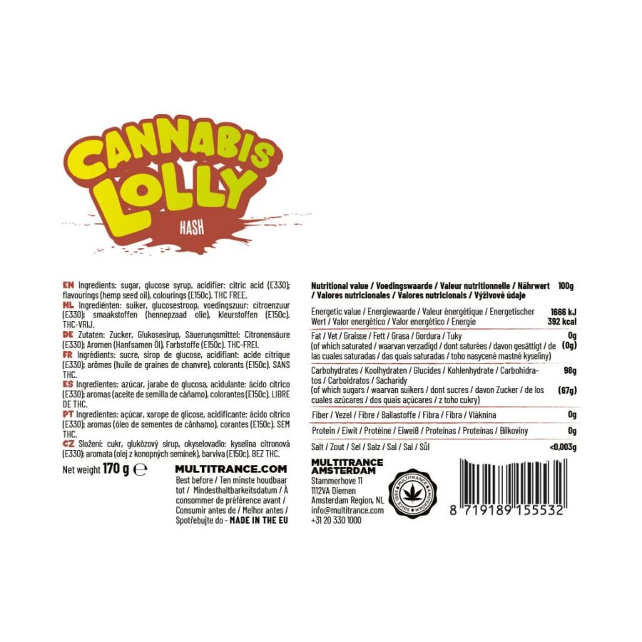 Cannabis lollipop Hash flavour ingredients and nutritional information label, THC-free legal hemp edible