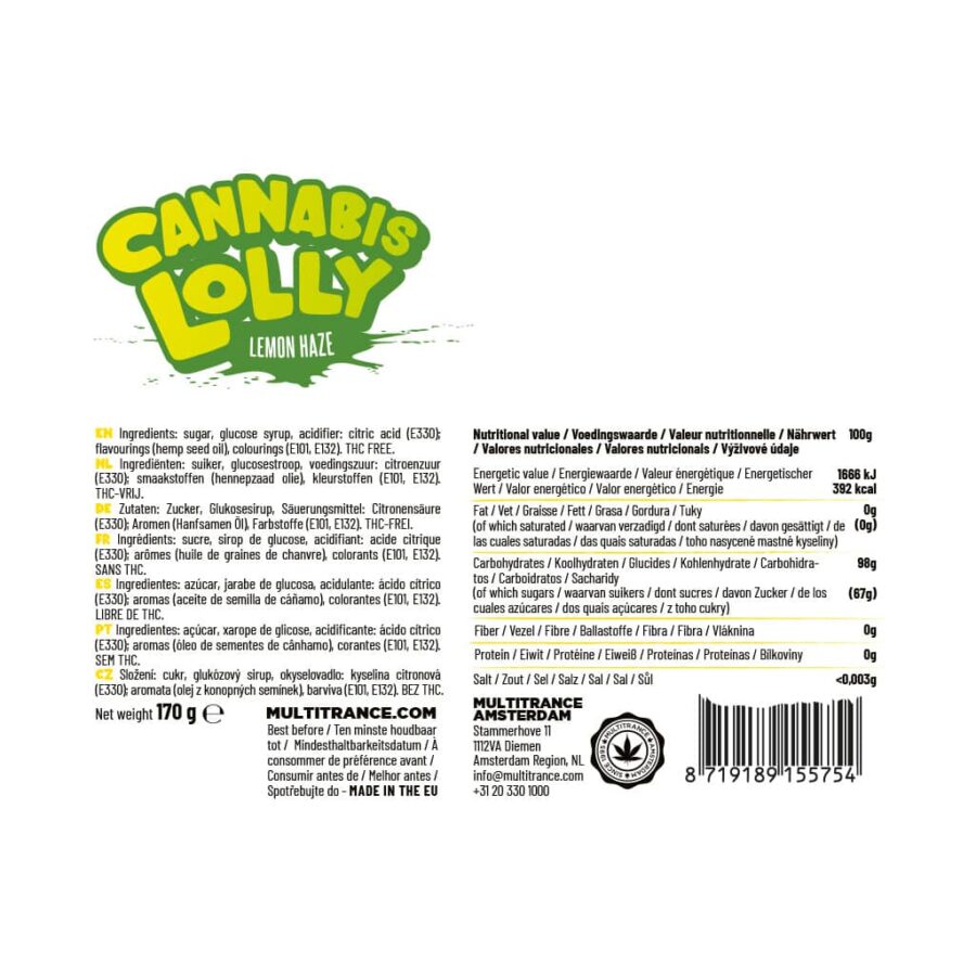 Cannabis lollipop Lemon Haze ingredients and nutritional information label, THC-free legal hemp edible