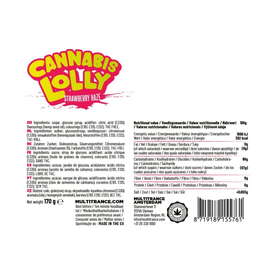 Cannabis lollipop Strawberry Haze ingredients and nutritional information label, THC-free legal hemp edible