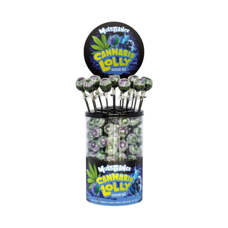 Wholesale display tub of THC-free Cannabis Blueberry Haze lollipops with hemp, legal edibles offering no-high effects and sweet fruity flavour.