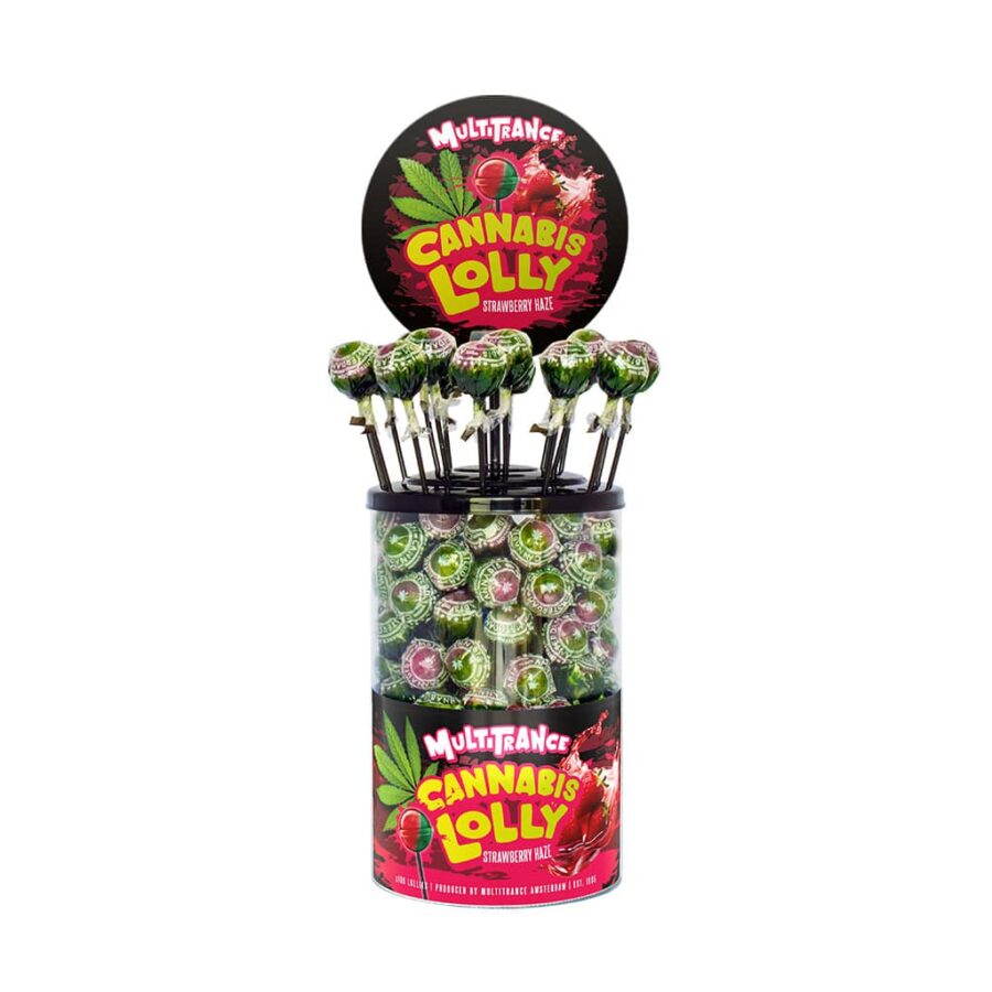 Cannabis lollipops bulk display with hemp, THC-free legal edibles offering no-high effects, health-conscious taste and flavour for wholesale