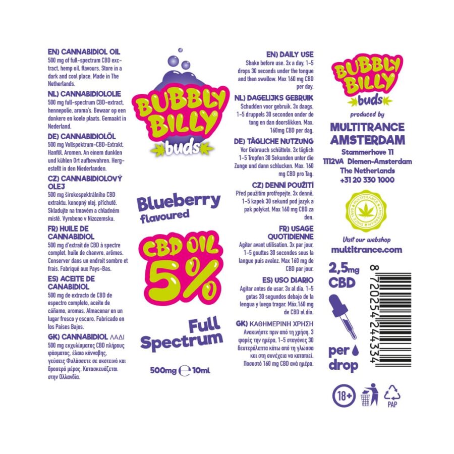 5% Blueberry Flavoured CBD Oil Bubbly Billy Buds (10ml) - Image 3