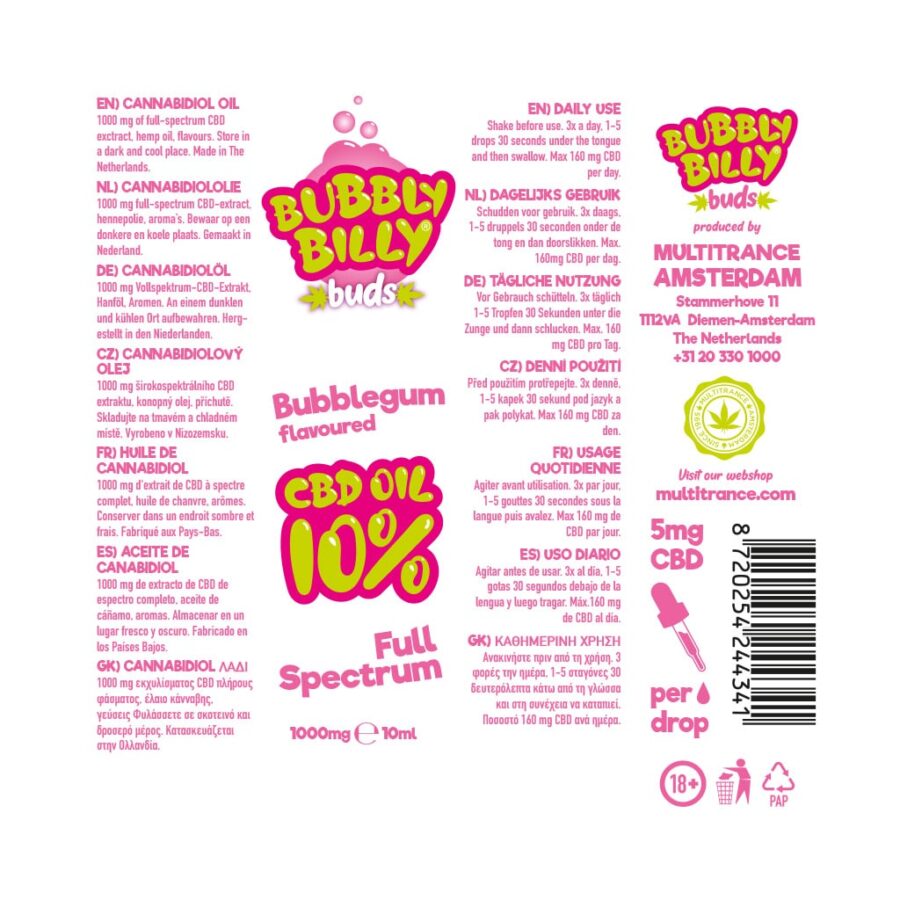 Bubbly Billy Buds 10% Bubblegum Flavoured CBD Oil (10ml) - Image 3