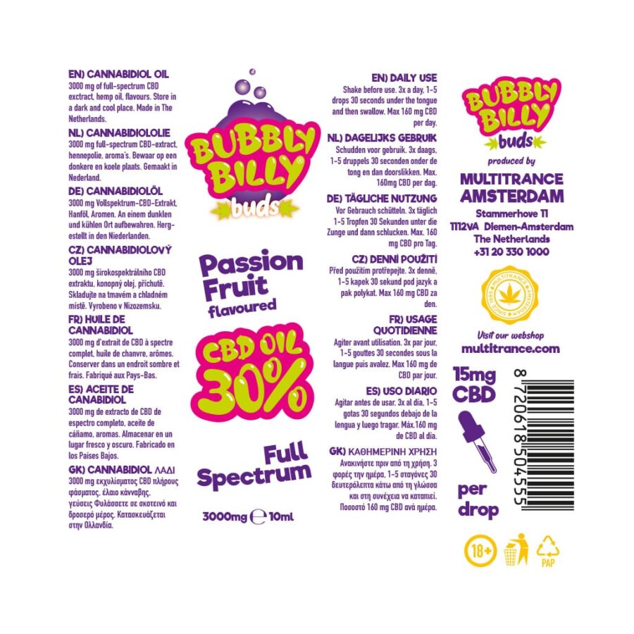 30% Passion Fruit Flavoured CBD Oil Bubbly Billy Buds (10ml) - Image 3
