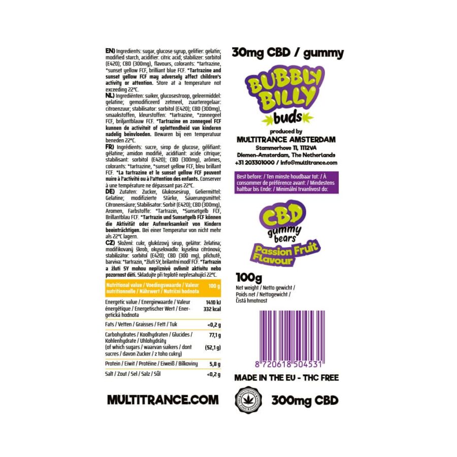 Bubbly Billy Buds 300mg CBD Gummy Bears – Passionfruit - Image 3