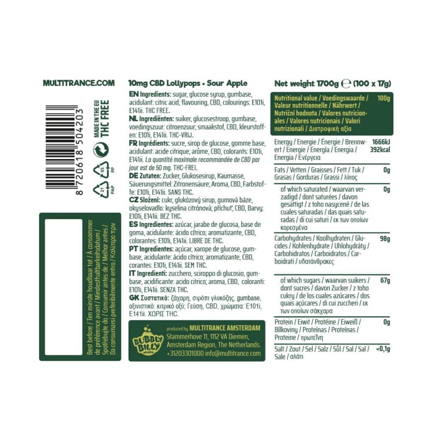 Ingredients list for Bubbly Billy Buds 10mg CBD Lollipops – Sour Apple flavor, including nutritional values and ingredient details in various languages, showcasing THC-free and CBD content.