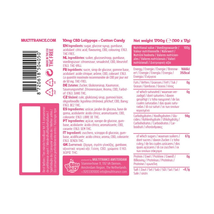 Ingredients list for Bubbly Billy Buds 10mg CBD Lollipops – Cotton Candy flavor, including nutritional values and ingredient details in various languages, showcasing THC-free and CBD content.