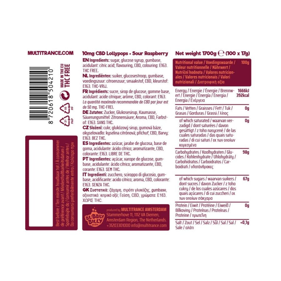 Ingredients list for Bubbly Billy Buds 10mg CBD Lollipops – Sour Raspberry flavor, showing nutritional and ingredient details in multiple languages, including THC-free and CBD content.