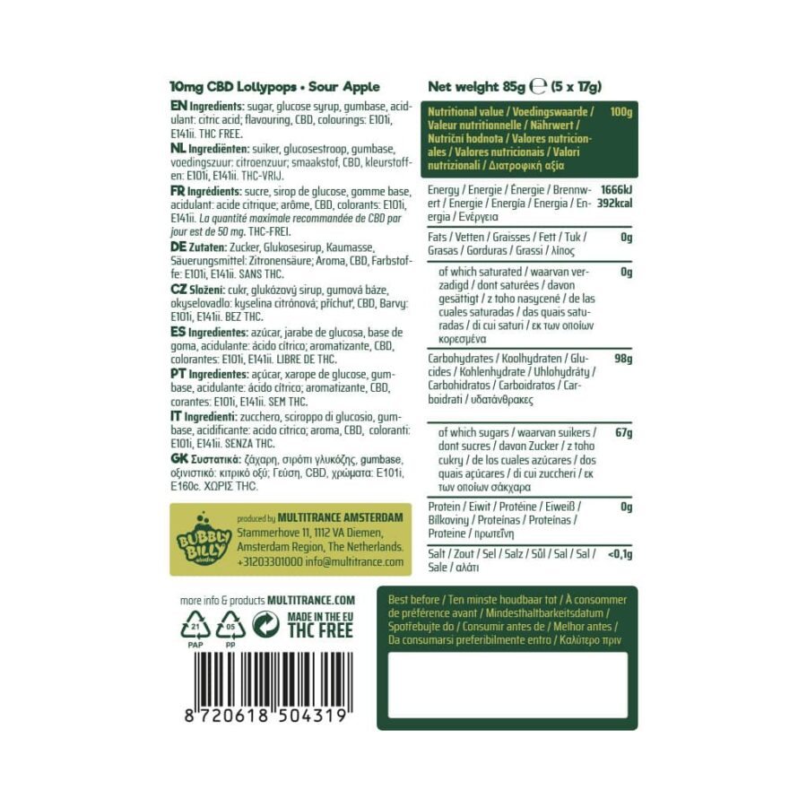 Ingredients list for Bubbly Billy Buds 10mg CBD Lollipops – Sour Apple flavor, showing nutritional values and ingredient details in multiple languages, with THC-free and CBD content.