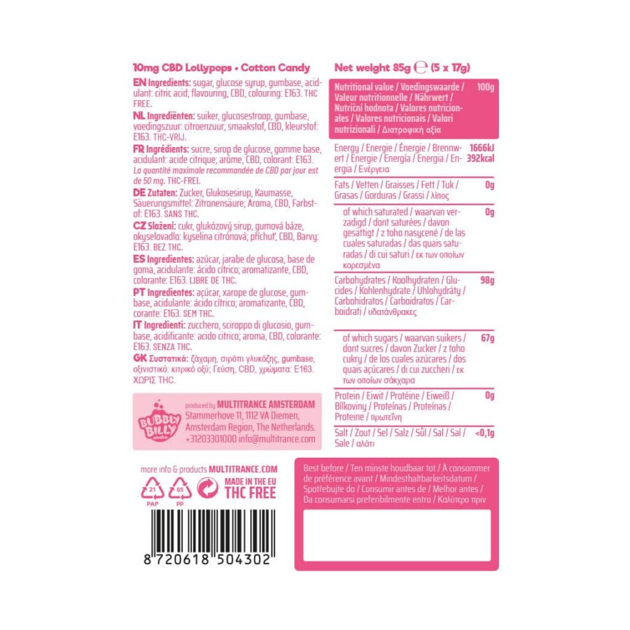 Ingredients list for Bubbly Billy Buds 10mg CBD Lollipops – Cotton Candy flavor, showing nutritional values and ingredient details in multiple languages, with THC-free and CBD content.
