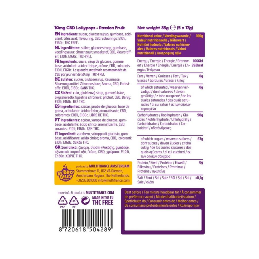Ingredients list for Bubbly Billy Buds 10mg CBD Lollipops – Passion Fruit flavor, showing nutritional values and ingredient details in multiple languages, with THC-free and CBD content.