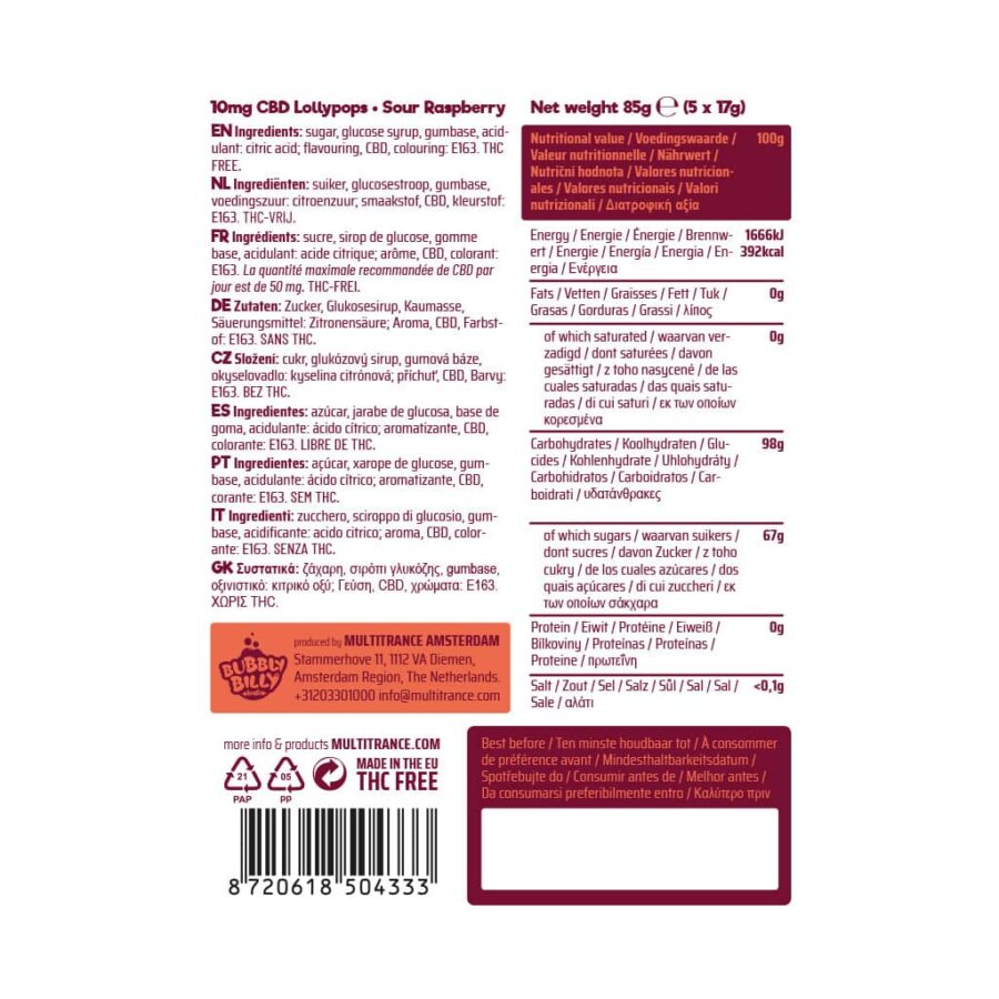 Ingredients list for Bubbly Billy Buds 10mg CBD Lollipops – Sour Raspberry flavor, showing nutritional values and ingredient details in multiple languages, with THC-free and CBD content.