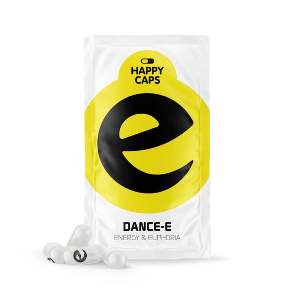 Happy Caps Dance-E wholesale display with plant-based supplement capsules in retail envelopes