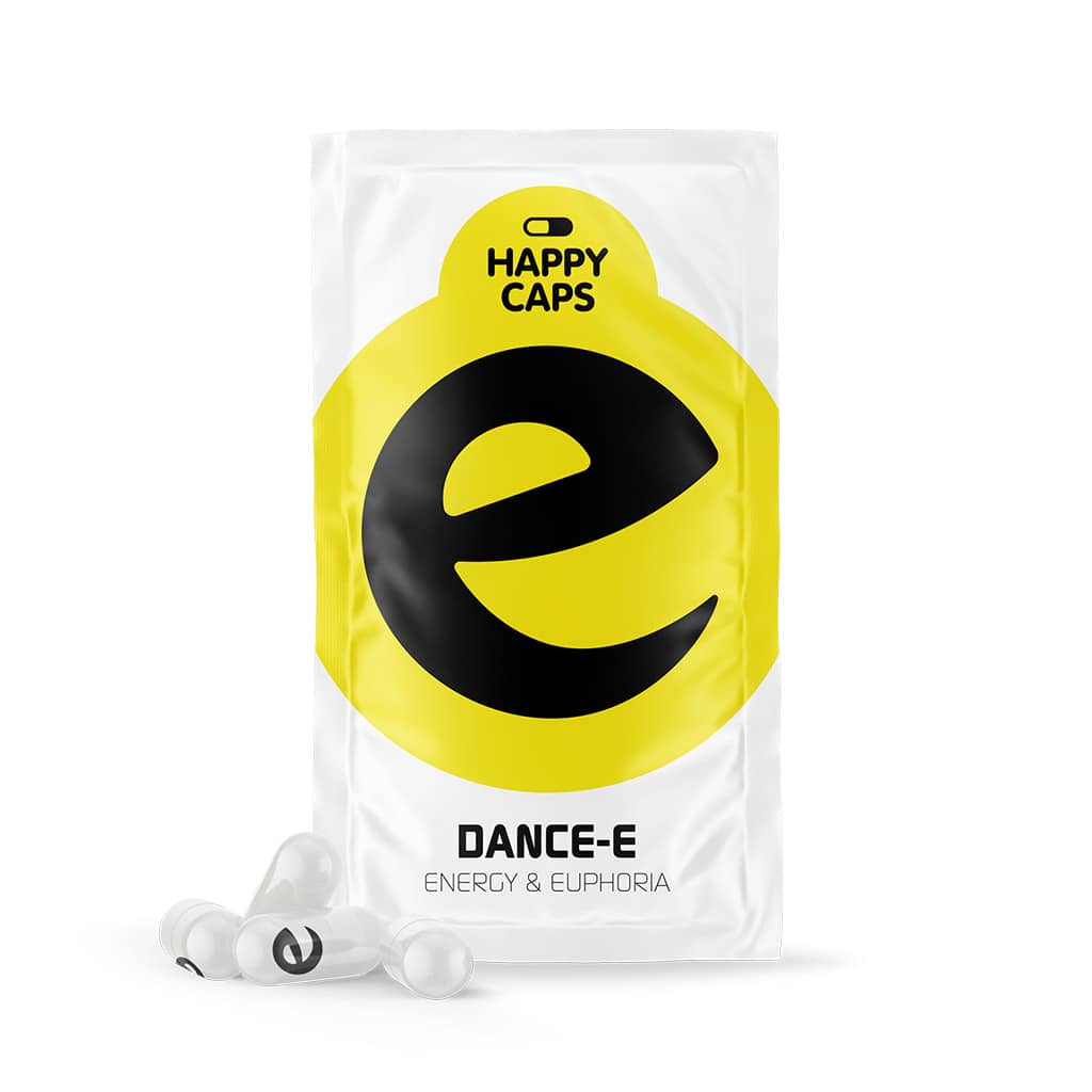 Happy Caps Dance-E wholesale display with plant-based supplement capsules in retail envelopes