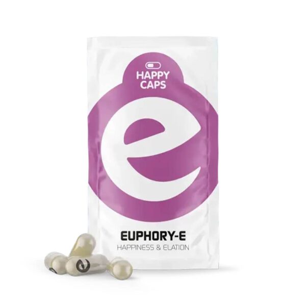 Happy Caps Euphory-E wholesale display with plant-based lifestyle supplement capsules in retail envelopes