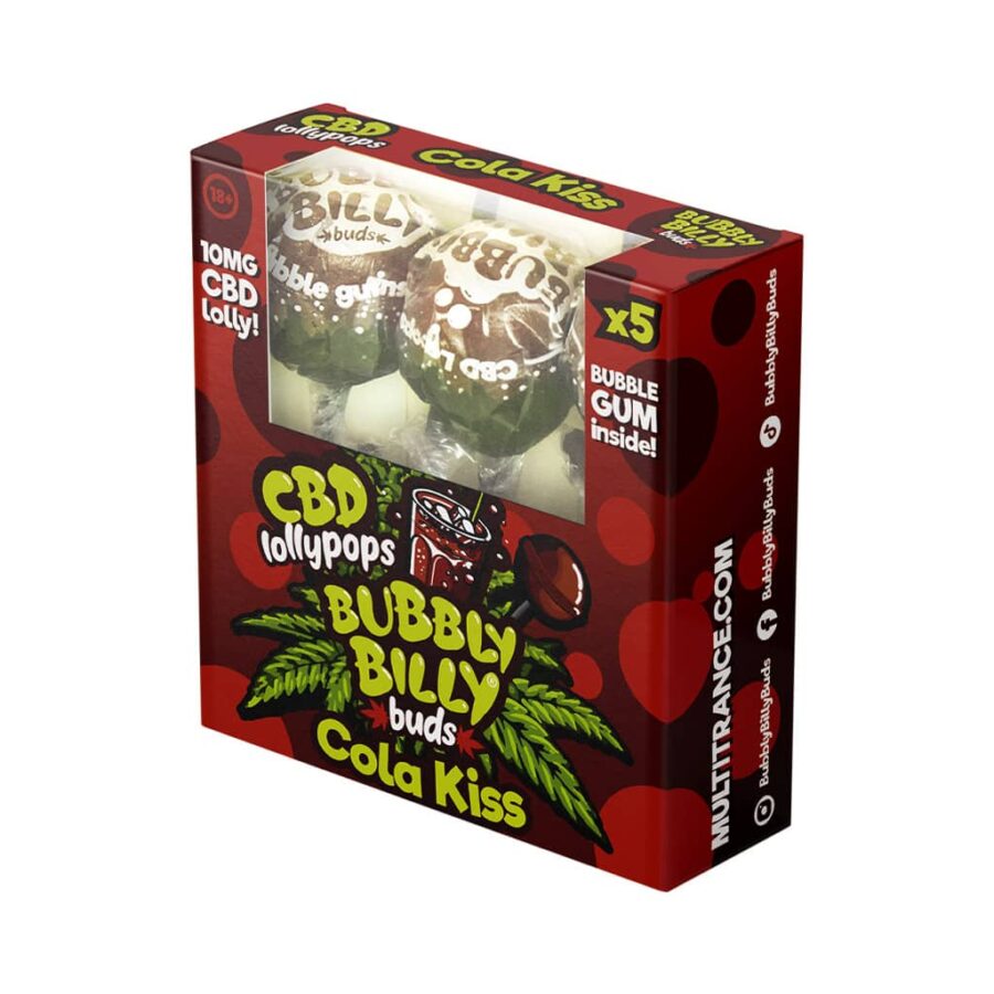 CBD lollipops Cola Kiss gift box – THC-free cannabis candy with hemp and cannabidiol, sweet no-high effects, 5-pack for wholesale and bulk.