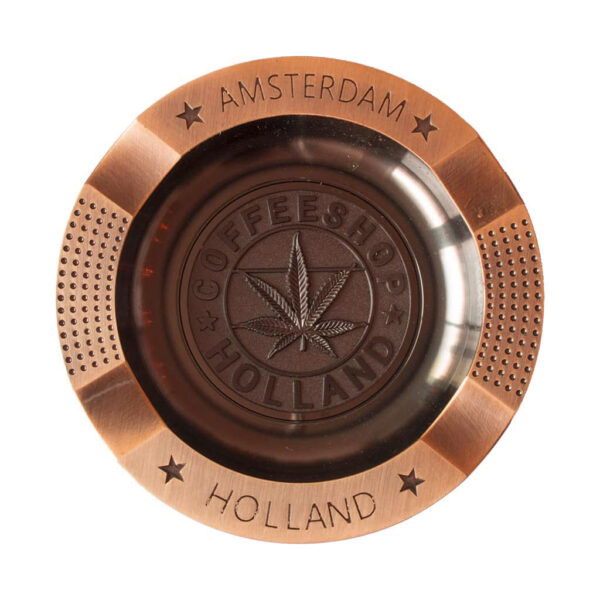Bronze Amsterdam ashtray with cannabis leaf and "Coffeeshop Holland" engraving, round metal smoking accessory