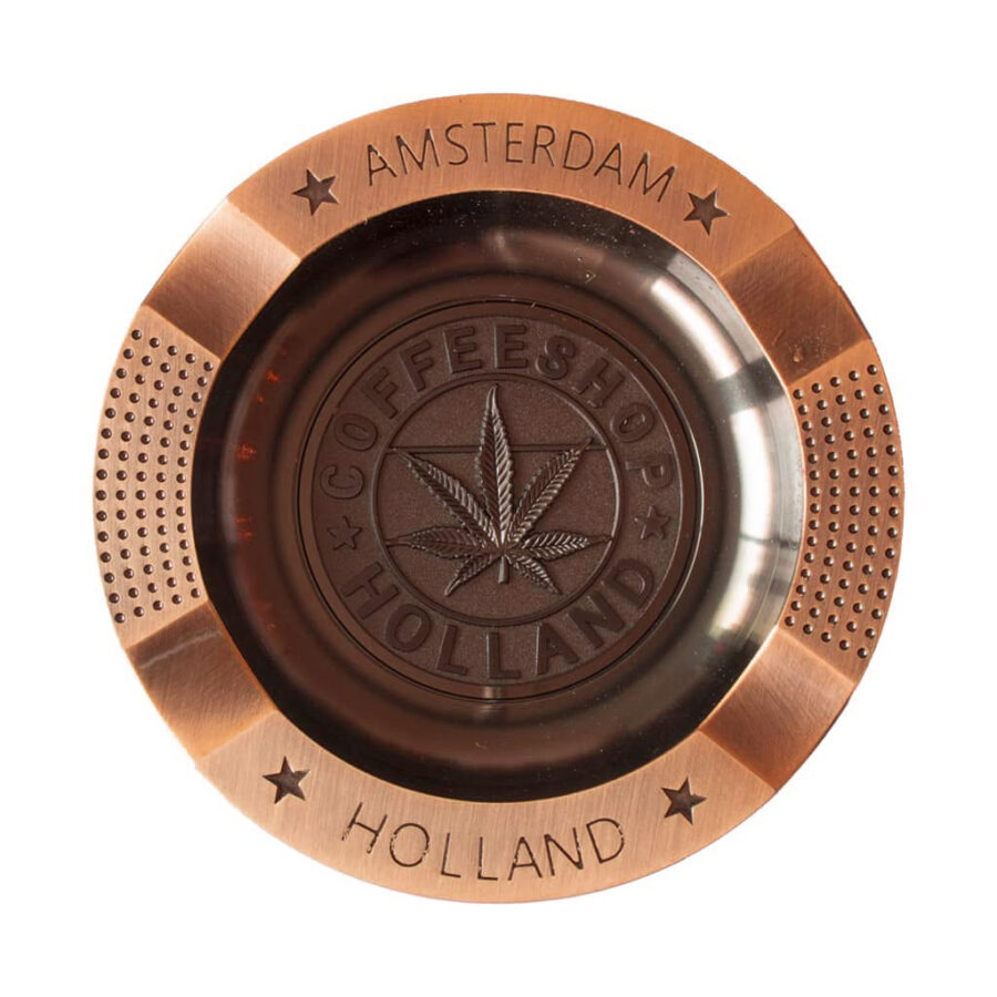 Bronze Amsterdam ashtray with cannabis leaf and "Coffeeshop Holland" engraving, round metal smoking accessory