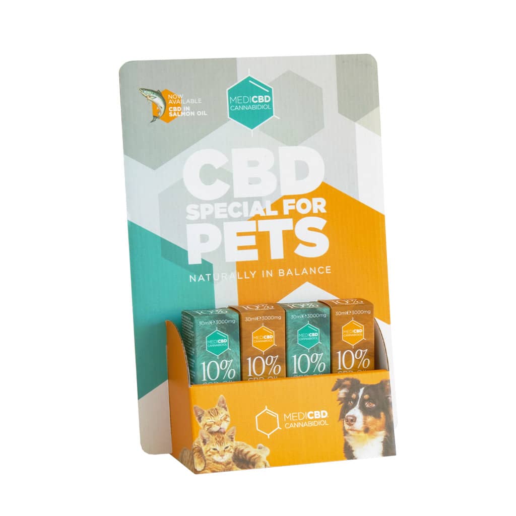 Carton display with 12 bottles of MediCBD CBD Oil for pets, designed for wholesale retail. Includes cat and dog formulas with 5% and 10% Cannabidiol.