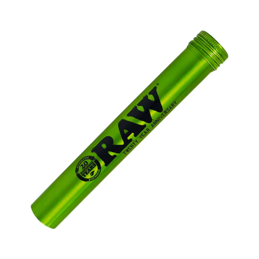 RAW 20th Anniversary metal tube holder in metallic green with sealed screw-top, perfect for smoking, airtight, and smellproof on the go