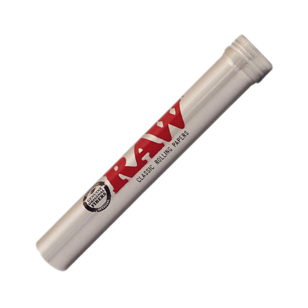 RAW beige metal tube holder with screw-top lid, airtight and smellproof—ideal for smoking and carrying pre-rolls on the go