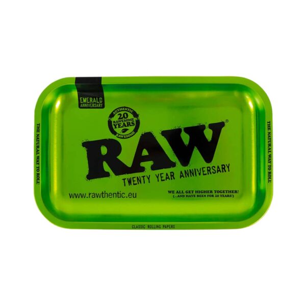 Metallic green RAW 20th Anniversary rolling tray for smoking with rounded edges, designed for a mess-free rolling experience