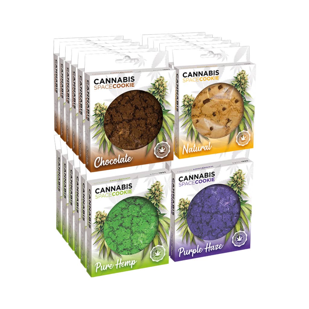Space Cookie Mix Display – cannabis cookies with chocolate chips, hemp seed oil, and no THC, bundle of 4 flavours