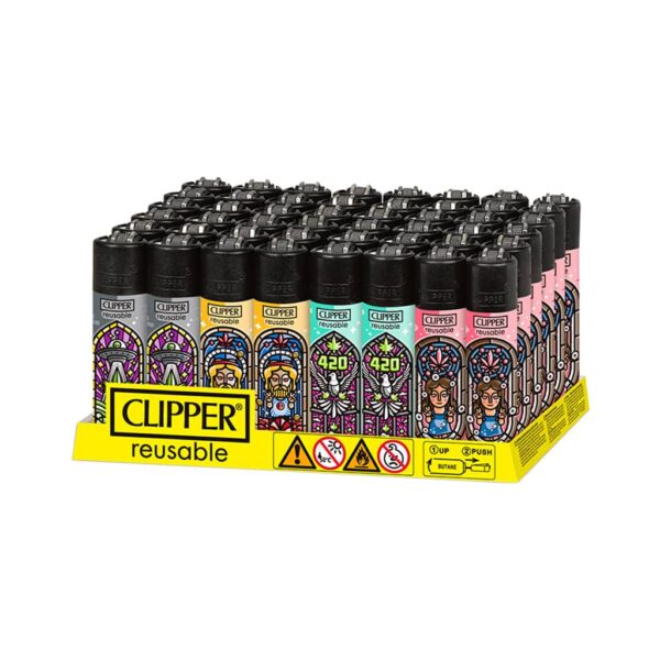 Display of 48 Clipper lighters with stained-glass-style 420 and character designs