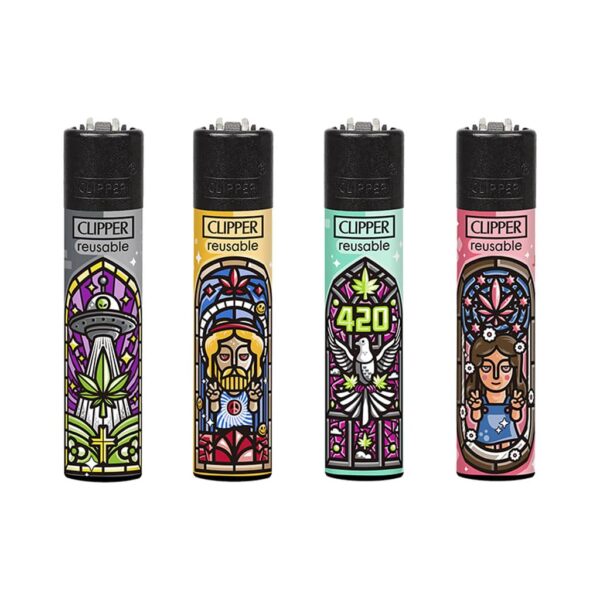 Set of four Clipper lighters with stained-glass church window style illustrations and 420 motifs