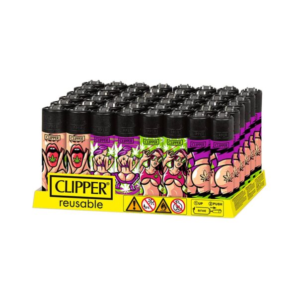 Display of 48 Clipper lighters featuring cartoon-style women with cannabis-themed designs