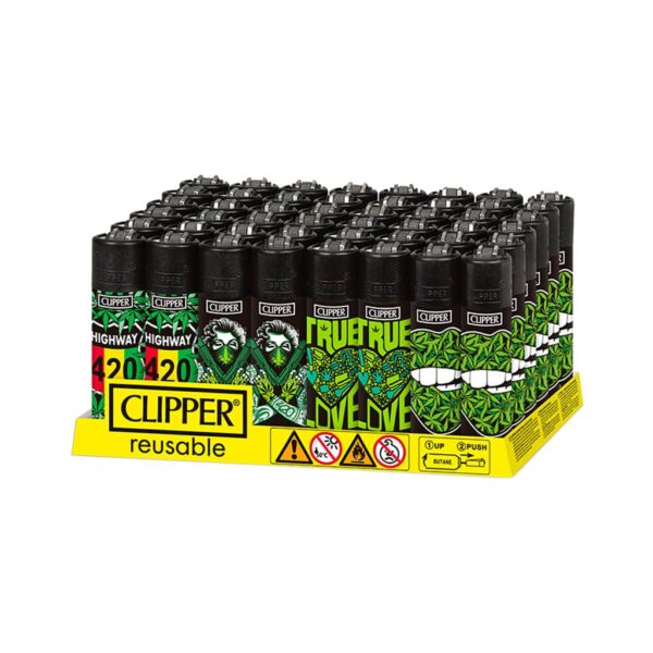 Clipper display box with 48 refillable lighters featuring cannabis-themed 420 designs