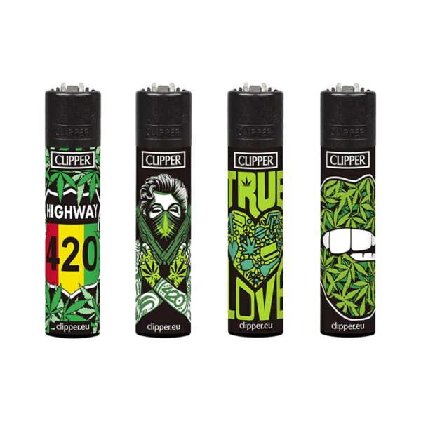 Set of four Clipper lighters with cannabis-themed 420 designs including lips, heart, mask, and highway