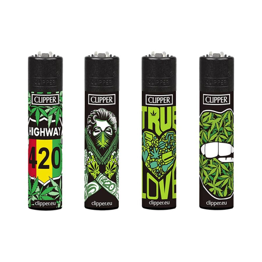 Set of four Clipper lighters with cannabis-themed 420 designs including lips, heart, mask, and highway