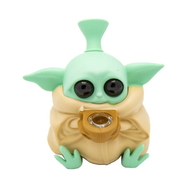 Beige baby alien silicone bong with large round eyes and built-in glass bowl