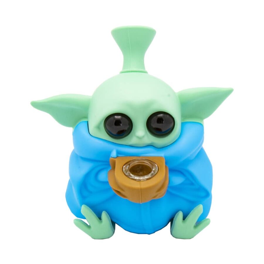 Blue baby alien silicone bong with large black eyes and glass bowl