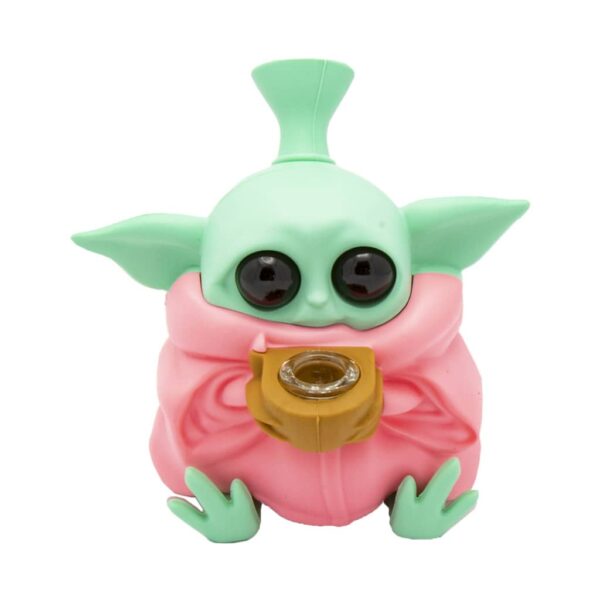 Pink baby alien silicone bong with wide eyes and removable glass bowl