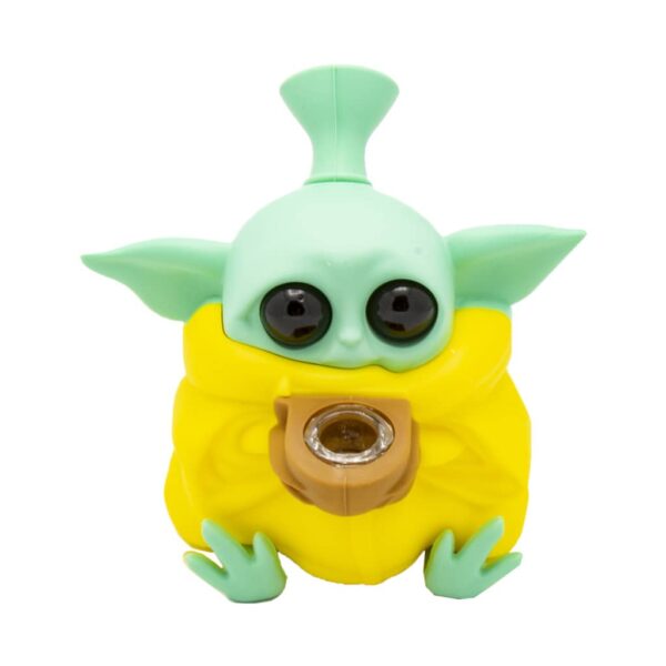 Yellow baby alien silicone bong with large eyes and glass bowl