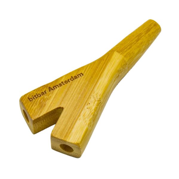 Double barrel wooden holder for smoking two cigarettes at once, with "bitbar Amsterdam" engraved on the side