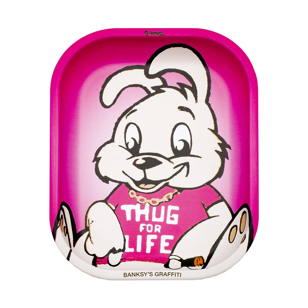 Small pink rolling tray with cartoon bunny wearing "Thug For Life" shirt