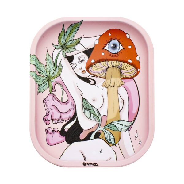 Metal rolling tray with mushroom and woman illustration in pink tones