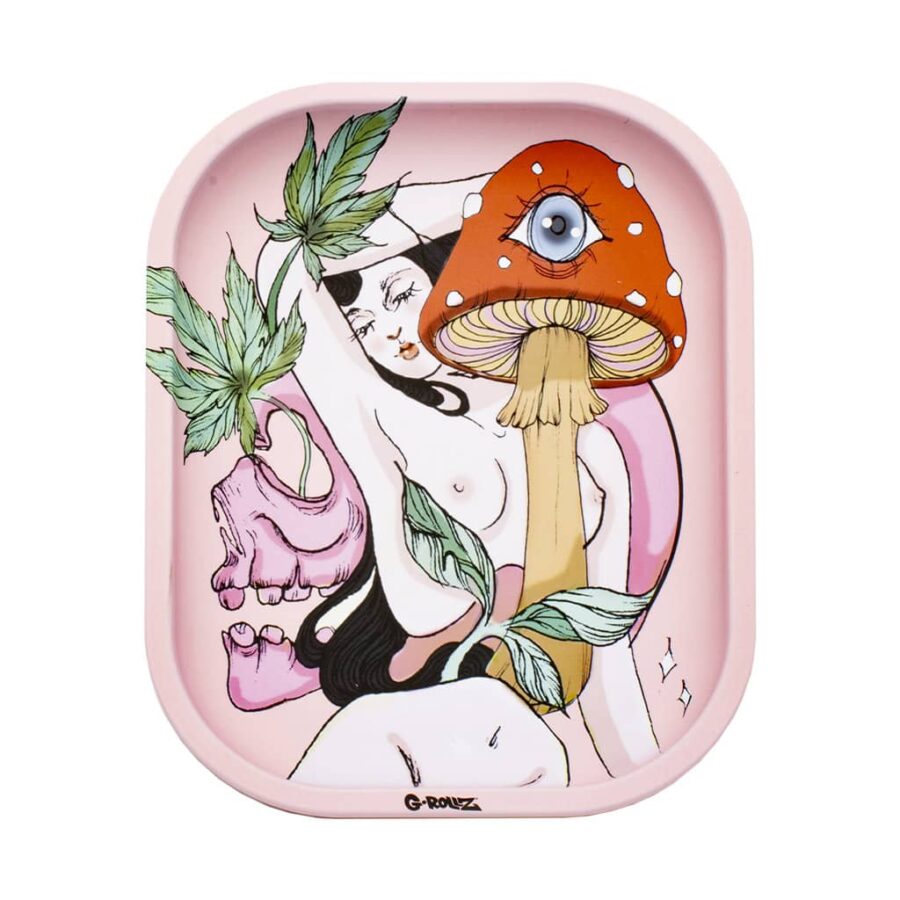 Metal rolling tray with mushroom and woman illustration in pink tones