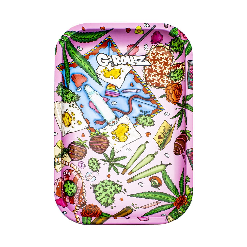 Large metal rolling tray with picnic-themed weed, edibles, and cannabis leaves design
