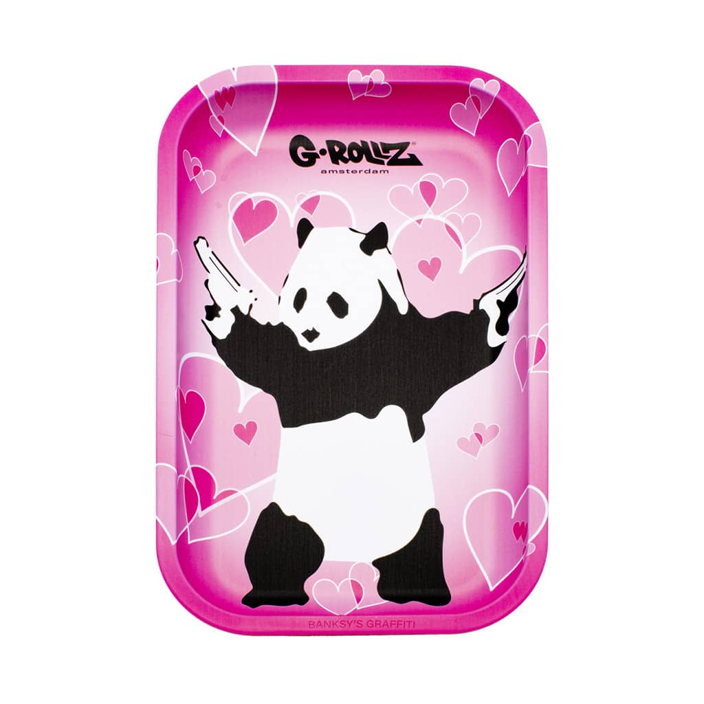 Large pink rolling tray with Banksy-style panda holding guns and heart background
