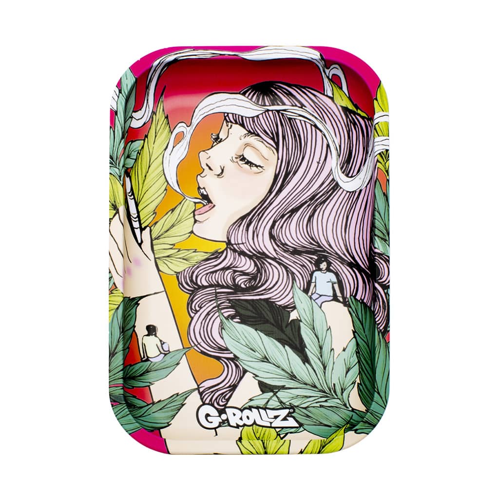 Large metal rolling tray with illustrated woman, smoke, and cannabis leaves