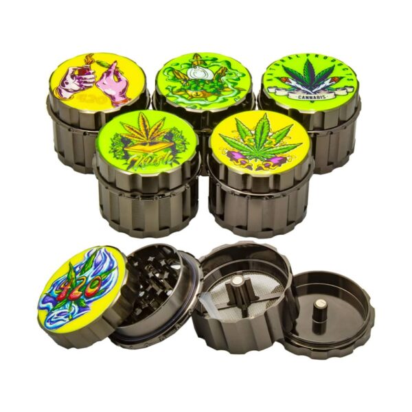 Close-up of 6 metal herb grinders with glow-in-the-dark cannabis-themed lids, 4-part design with mesh sifter and kief catcher