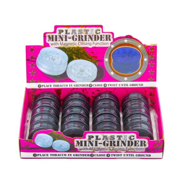 Display of 20 plastic 2-part herb grinders with magnetic closure and shark teeth, black color, for wholesale smoking accessories