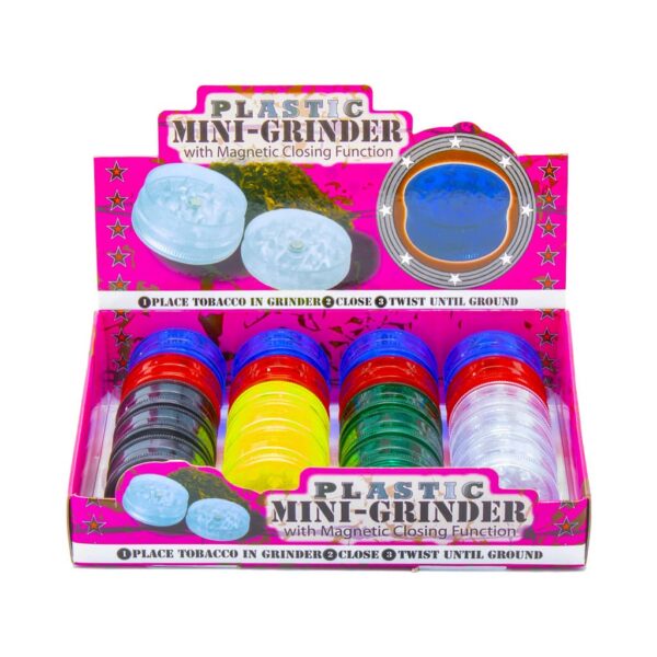 Display of 20 colorful plastic mini herb grinders with magnetic lid and shark teeth, assorted colors for wholesale